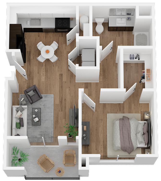 Floor plan for 1 bed, 1 bath, 615 sqft